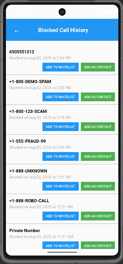 Real Blocked Spam Calls with Timestamps